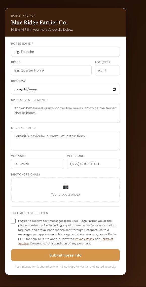 Customer intake form where the owner enters their contact details, horse information and texting consent
