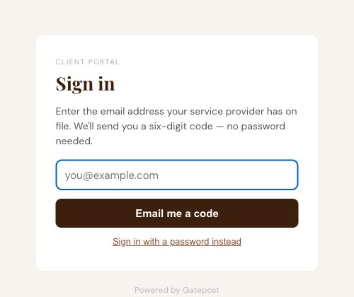 Client portal sign-in card asking for the customer's email to send a six-digit code